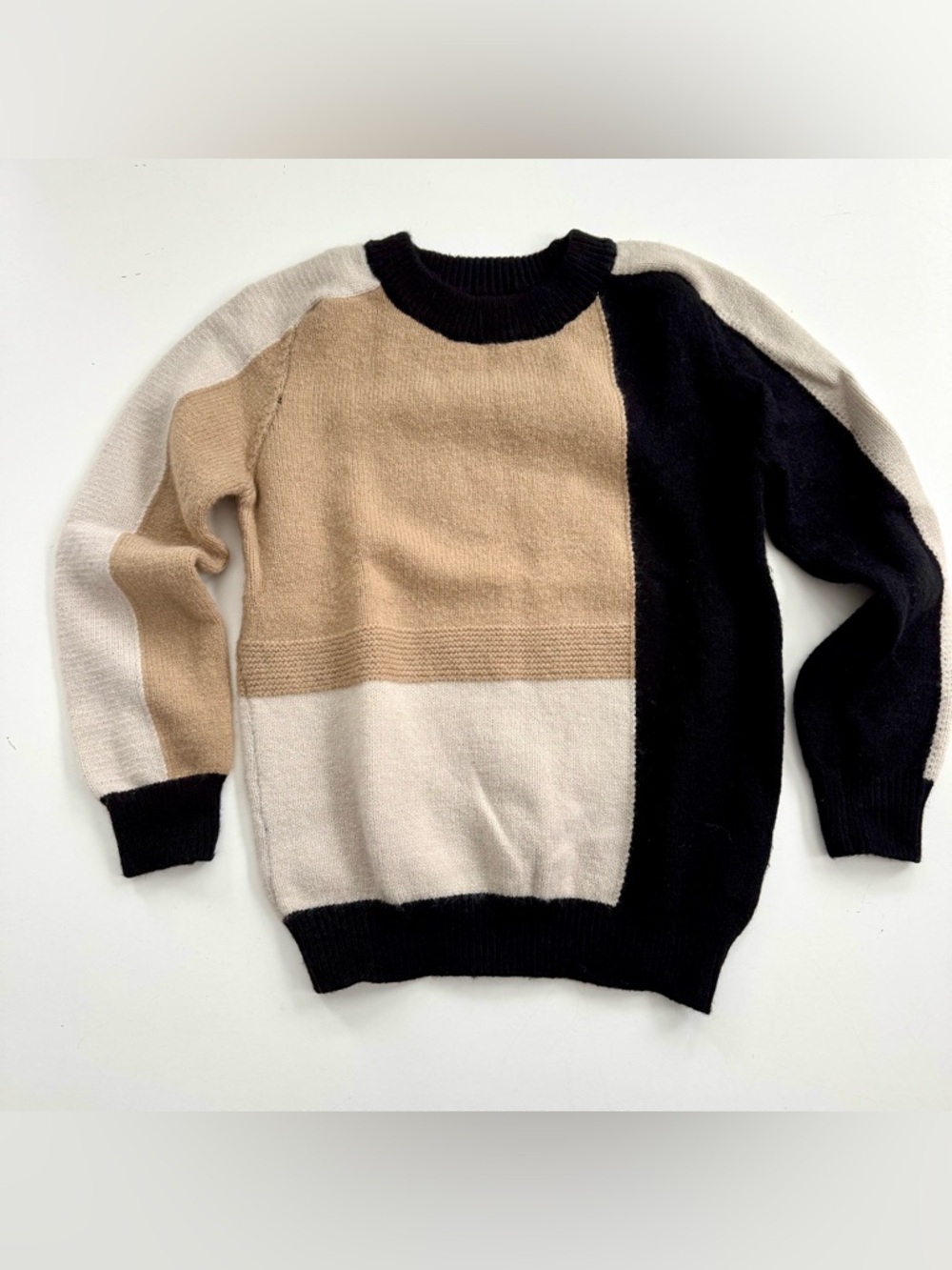 Newbury Kustom Womens L Colorblock Knit Pullover Sweater Brown Ivory Beige